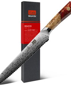 SHAN ZU WHITE TIGER Damast Brotmesser 18cm, Handgeschmiedetes Japanisches Küchenmesser aus SG2-Pulverstahl – Profi Kochw