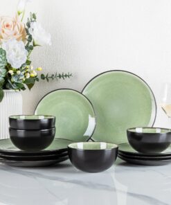 GBhome Steingut Geschirrset 4 Personen 12-tlg - Handarbeit Reaktive Glasur Mikrowellen- & Spülmaschinenfest - Ruhiges Gr