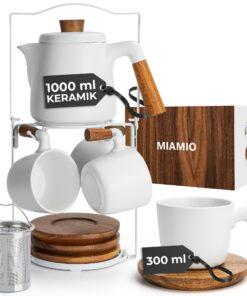 MIAMIO 1 Liter Keramik-Teekanne-Set mit Siebeinsatz ideal für Haus und Büro (Weiß) MIAMIO Keramik-Teekanne-Set mit Tas