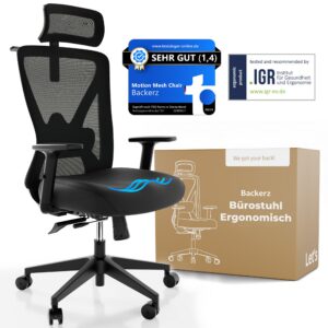 Backerz - Ergonomischer Bürostuhl 150kg, TUV & NEN 1335 Zertifiziert - Büro Schwarz - Höhenverstellbar & Rückenschonend