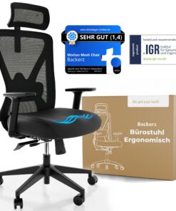 Backerz - Ergonomischer Bürostuhl 150kg, TUV & NEN 1335 Zertifiziert - Büro Schwarz - Höhenverstellbar & Rückenschonend