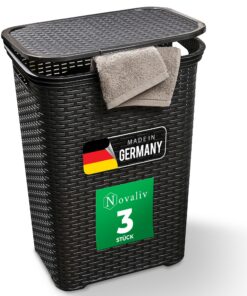 Novaliv Schwarz Wäschekorb 60L 3 Stück Schmutzwäschebehälter Bad Wäsche Sammler Korb