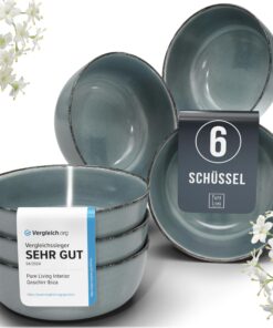 Pure Living Steingut Müslischalen 6 Personen TESTSIEGER Rustic Rauchblau