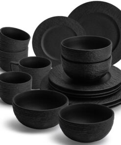 MIAMIO - 16 Teiliges schwarzes Steingut Geschirrset für 4 Personen - Oasiskollektion - Elegant und praktisch