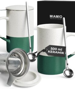 MIAMIO - Tee Tassen Set für Frauen - Mikrowellen- & Spülmaschinenfest, 2 x 500 ml mit Deckel und Sieb (DunkelGrün) MIA