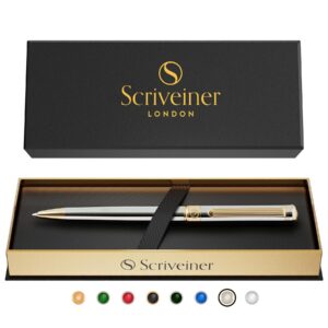 Scriveiner Hochwertiger Silber Kugelschreiber mit Echtvergoldung | schwarze Schmidt Ersatzmine | Geschenkbok | Büro Set