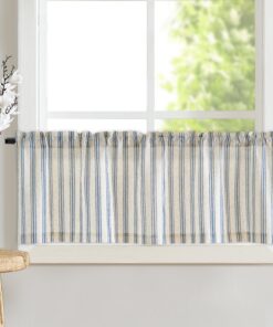 TOPICK Leinen Gestreifter Scheibengardine für kleine Fenster Privatsphäre Küche Wohnzimmer Blau auf Beige 125Bx45H(cm)