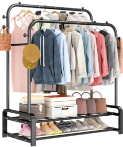SMILOVII Multifunktionaler Kleiderständer für Schlafzimmer - 8 Haken und 2 Schuhregale - Doppelruten-Design - Schwarz |