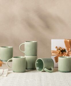 GBhome Steingut Kaffeetassen 350ml 6er Set mit großem Henkel spülmaschinenfest für Latte Cappuccino