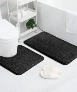 Schwarz AUAUY Badematte 2er Set, rutschfest & Wasserabsorbierend, für Badezimmer & WC (50x80 cm Badteppich & 50x40 cm WC