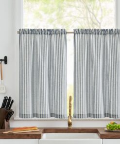 Vangao Streifen Scheibengardinen Blau 2er Set 65Bx60Hcm für Modern Küche Küchen Kurzstores Gardine