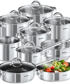 Tectake® Kochtopf Set Edelstahl für Induktion, Gas und Elektroherd, Kochpfannen und Töpfe für Wohnung und Camping, Premi