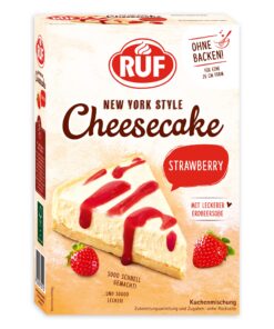 RUF New York Cheesecake Strawberry ohne Backen - Original amerikanischer Käsekuchen mit Erdbeersoße für Erdbeerscheucher