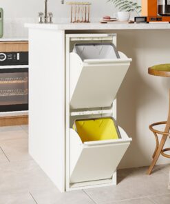 VEEHAUS Mülleimer Für Küche Mit Klappen Edelstahl Creme Weiß Für Effiziente Aufbewahrung (2 x 15 LT - 30 LT)