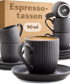Cosumy Schwarz Matt Keramik Mokkatassen 6er Set - Spülmaschinen- und Mikrowellenfest - moderne Streifenmuster - 90ml
