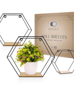 3er Hexagon Wandregal Set - Schwarze Metall Schweberegale mit Holzablage für Wohnzimmer & Schlafzimmer | Stabiler Stahlr