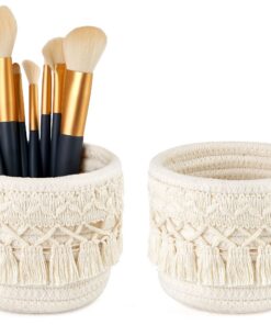 Mkono Boho-Dekor Set mit Makramee-Pinselhalter, Mini-Aufbewahrungskorb und Kamm für Make-up-Produkte Elfenbein