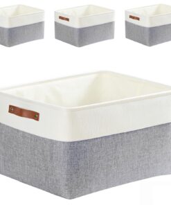Mangata Stoff Aufbewahrungskorb 4 Stück L, Grau Weiß, Kleidungsbox Groß Schrank, Spielzeugaufbewahrung mit Leder-Tragegr