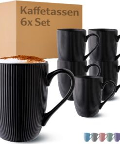 Cosumy Schwarz Matt Kaffeetassen 6er Set - Mikrowellenfest & Spülmaschinenfest - Komfortabler Griff - 350ml - Modern