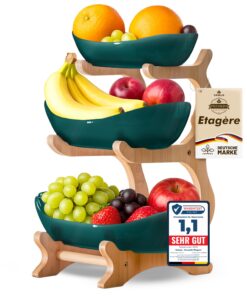 Obst Etagere 3-stöckig Dunkelgrün Keramik mit Bambusständer – Eleganter Servierständer für Küche & Wohnzimmer