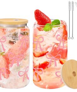 Forbabe Glas Trinkbecher 500ml Eleganter Bow Cup Rosa Schleife Kaffee Soda Cocktails