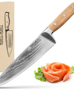 Moritz & Moritz 20 cm Profi Kochmesser aus 67 Lagen Damaststahl - Scharfes Damaskus Küchenmesser - Ergonomischer Akazien