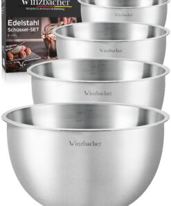 Winzbacher Edelstahl Schüssel Spülmaschinenfest Stapelbar | Messskala Rührschüssel Salatschüssel 4er Set 1l 1.5l |5l |5l
