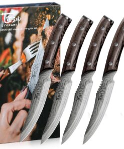 Steakmesser Set 4 Teilig, hohes Kohlenstoffgehalt, Full-Tang-Design, Damastmuster, rasiermesserscharf, FSC-Kompliant, 12