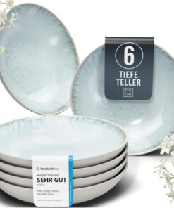 Steingut Suppenteller 6 Personen TESTSIEGER, Pure Living Blau-Beige, Tiefe Teller Set für Pasta - Traumhaftes Mediterran