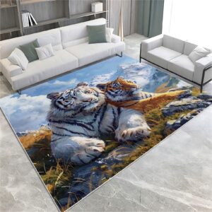 Quixora Tiger Mit Tiermotiv, Weiß, Wohnzimmerteppich, Waschbar, weich rutschfest, für Küchen Esszimmer Eingangsbereich B