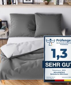 Wolkenfeld Bettwäsche Oeko-Tex Zertifiziert - Grau Anthrazit - 2X Bettbezug + 2X Kissenbezug - OEKO-TEX STANDARD 100Made