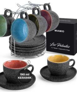 MIAMIO - Keramik Cappuccinotassen 190 ml mit Untertassen und Metallständer - Las Palmitas Collection für Kaffee, America