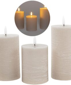 3er Set LED Wachskerzen mit flackernder Flamme und Fernbedienung GRAY Taupe + 15 cm + 12,5 cm + 10 cm Höhe, Timerfunktio