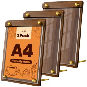 VAIIGO A4 Acryl-Schildhalter - Preisdisplay- und Fotorahmen für Café, Einzelhandel und Büro - 3 Stück Geneigter Tischauf