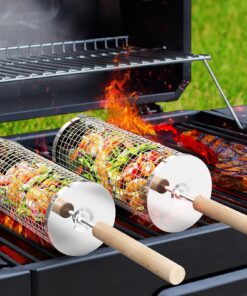 Ivtivfu Nestendes Rollendes Grillkorb für Gemüse Garnelen, Edelstahl 304, Outdoor Grill Zubehör