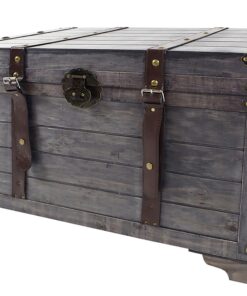Kobolo Truhe KUBA 80x45x50 cm Vintage Schatztruhe Grau mit Metall- & Lederapplikationen