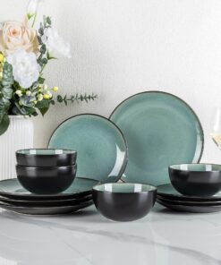 GBhome Steingut Geschirrset 12-tlg 4 Personen, Mikrowellen- & Spülmaschinenfest Reaktive Glasur Handarbeit Petrol