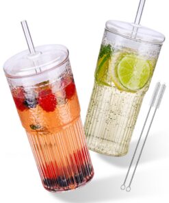 NiHome 2 Stück Gläser mit Deckel und Strohhalm für Eiskaffee, Smoothies und Tee: Weithals-Trinkglas mit Geräuschdämpfung
