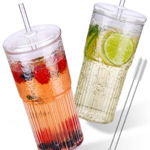NiHome 2 Stück Gläser mit Deckel und Strohhalm für Eiskaffee, Smoothies und Tee: Weithals-Trinkglas mit Geräuschdämpfung