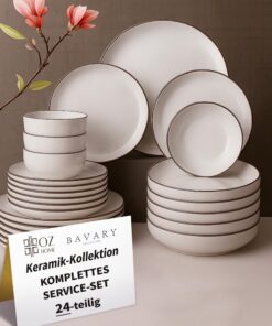 Bavary Tafelservice 24-teilig, Geschirrset Beige für 6 Personen – Essteller, Suppenteller & Dessertteller – Moderne Tisc