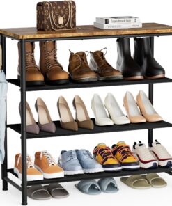 HOMIDEC Vintagebraun 4-Ebenen Schuhregal für 12-16 Paar Schuhe - Platzsparend mit Holzbrett und Vliesstoff Ablage