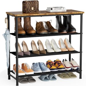 HOMIDEC Vintagebraun 4-Ebenen Schuhregal für 12-16 Paar Schuhe - Platzsparend mit Holzbrett und Vliesstoff Ablage