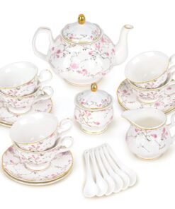 Rosa Blumen und Reben Britisches Porzellan Teekannen-Set für Erwachsene | Vintage Hochzeit Kaffee und Teeservice mit 21
