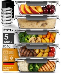 STOVY® Meal Prep Boxen Glas - 5x 1040ml - Ideal für Spülmaschine, Mikrowelle & Gefrierschrank I Frischhaltefunktion I Me