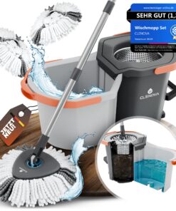 CLENOVA® Wischmopp Set mit Schmutzwasser Trennung für alle Bodenarten – praktische Pedal-Auswringfunktion & 2 Mikrofaser