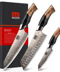 SHAN ZU 3-tlg. Damast Küchenmesser Set für Profis, 12°-Rasierklingen & Ahorngriff Inkl. Koch-, Santoku- & Schälmesse
