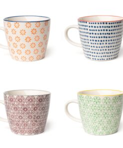 Parusia Tassen Set "Zuhause" + Handgestempeltes Muster + Retro-Design + Porzellan Kaffeebecher + 4 x 280ml Fassung + Hau