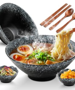 Japanischer Ramenschüssel aus Keramik, 2 x 1000ml, perfekt für Ramen, Salat und Müsli - inklusive Essstäbchen und Löffel