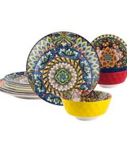 12-teiliges Porzellan Geschirrset zum Bohemian Style für 4 Personen - Bunte Geschirr aus 4x Speiseteller, 4x Desserttell