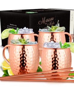 Vezato Moscow-Mule-Becher – 500ml – Rostfreie Kupfer Becher mit Stroh – Handgemachtes Set [4 Stück] – Ideal für Moscow-M
